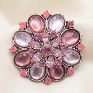 Flower Brooch Pendant Oval Cabochon Pink Glass Silver Tone 2 Inch